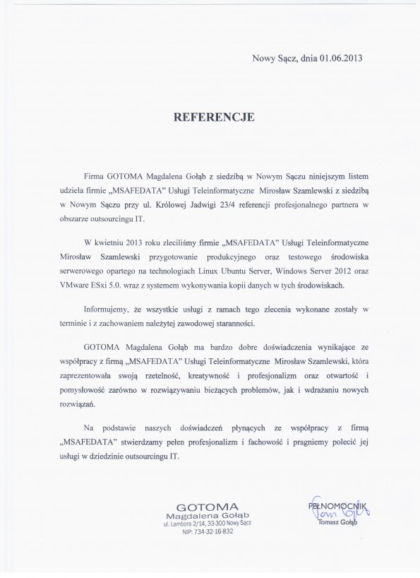 Referencja od firmy GOTOMA Magdalena Gołąb