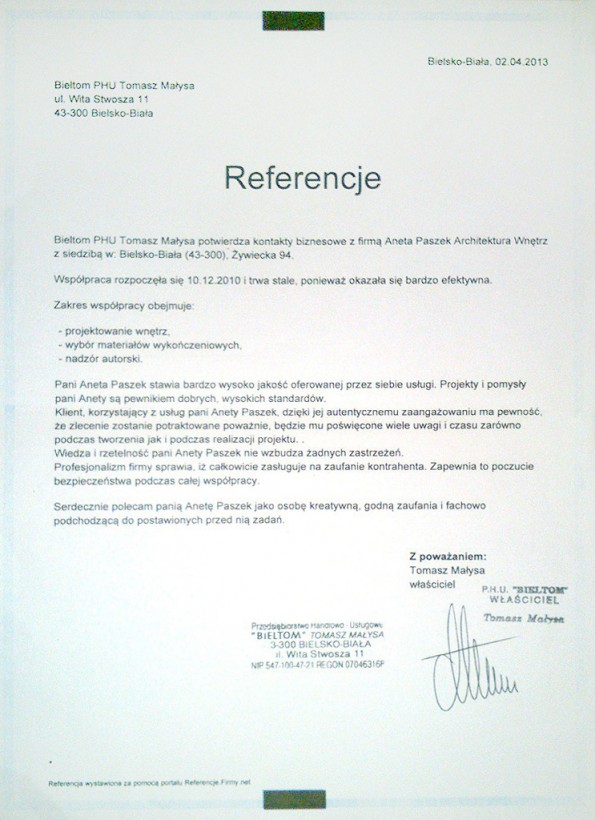 Referencja od firmy Bieltom, Tomasz Małysa
