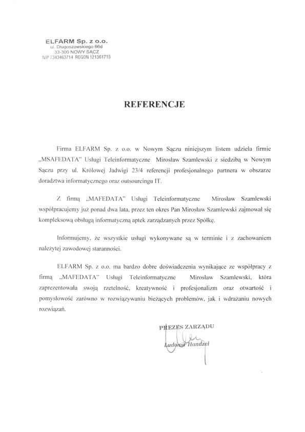Referencja od firmy Elfarm Sp.z o.o.