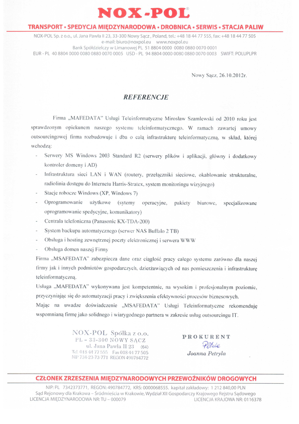 Referencja od firmy Nox-Pol Sp.z o.o.