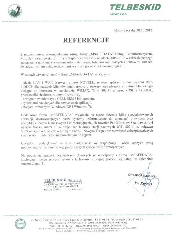 Referencja od firmy TELBESKID Sp. z o.o.