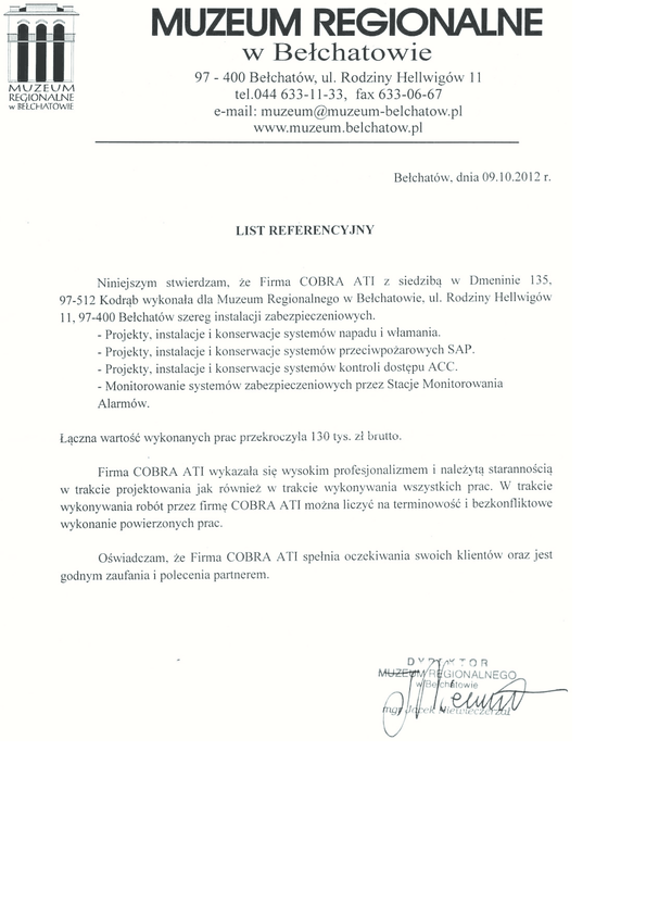 Referencja od firmy Muzeum Regionalne w Bełchatowie