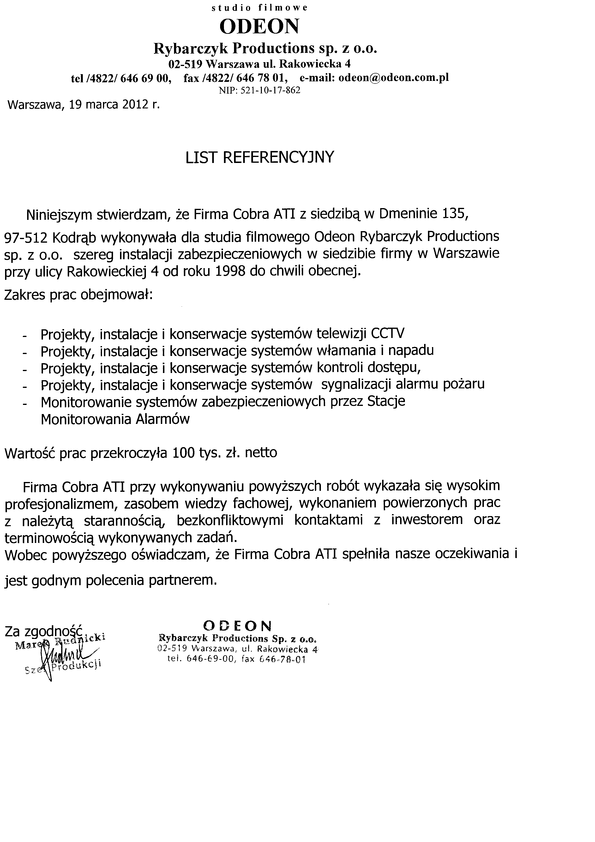 Referencja od firmy Studio Filmowe Odeon