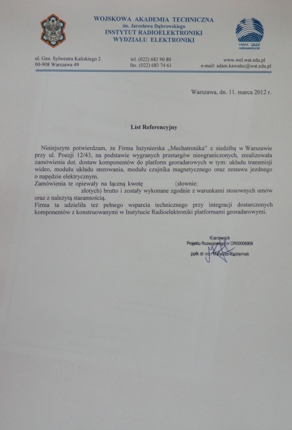 Referencja od firmy Wojskowa Akakdemia Techniczna