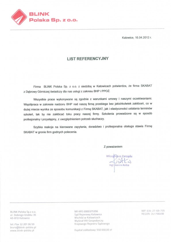 Referencja od firmy BLINK POLSKA sp. z o.ol.