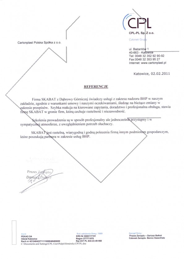 Referencja od firmy CARTOSPLAST POLSKA sp. z o.o.