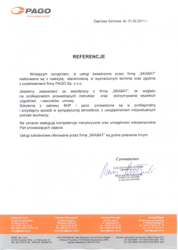 Referencja od firmy PAGO sp. z o.o