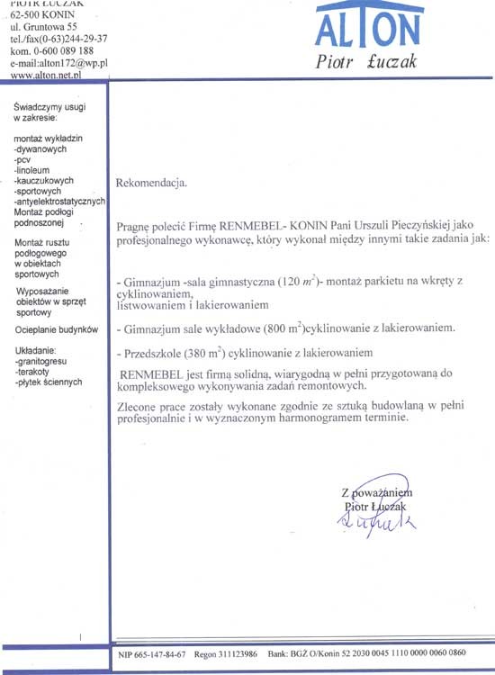Referencja od firmy ALTON Piotr Łuczak