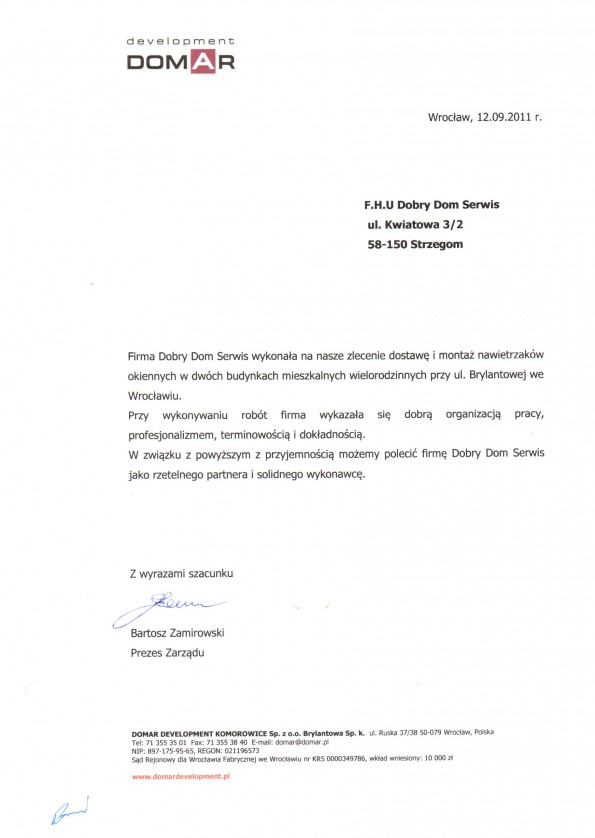 Referencja od firmy DOMAR
