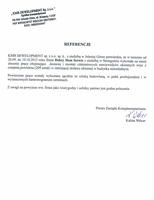 Referencja od firmy KMB Development