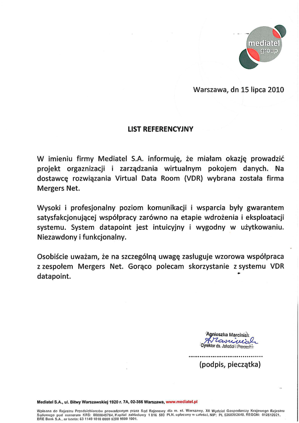 Referencja od firmy Mediatel S.A.