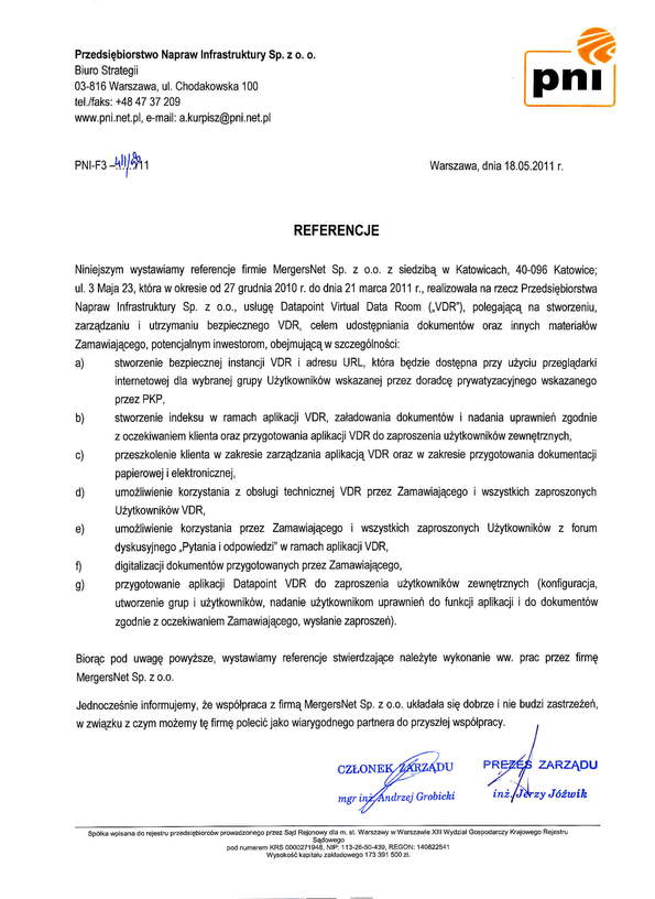 Referencja od firmy Przedsiębiorstwo Napraw Infrastruktury Sp. z o.o