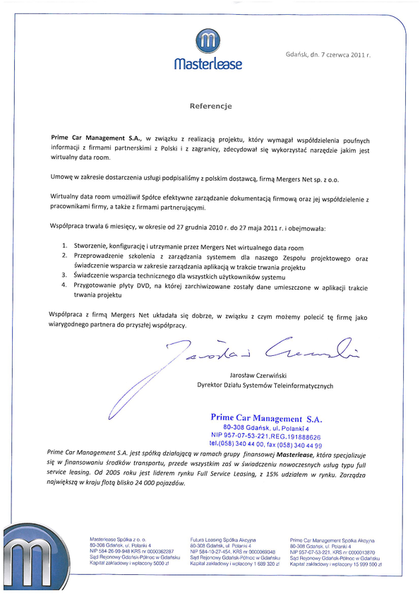 Referencja od firmy Prime Car Management S.A.