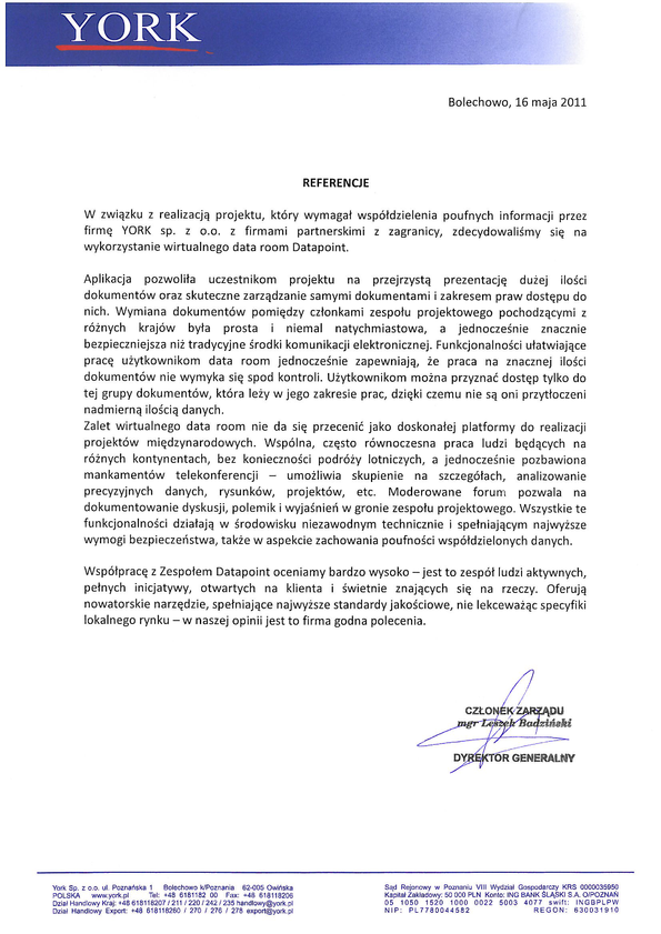 Referencja od firmy YORK sp. z o.o.