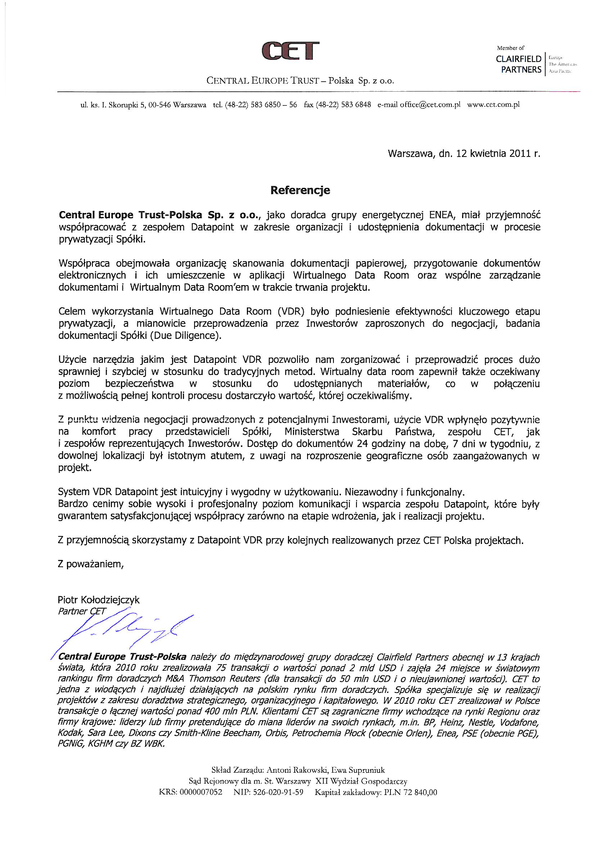 Referencja od firmy Central Europe Trust-Polska