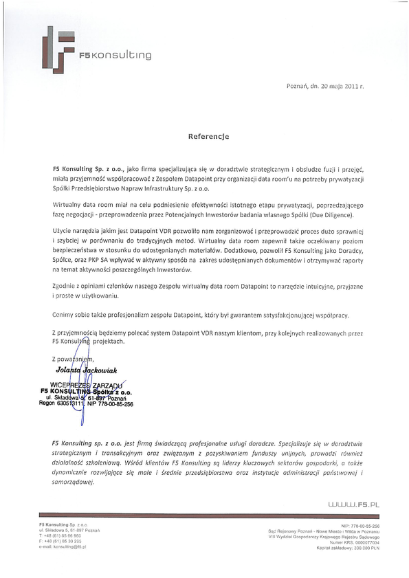Referencja od firmy F5 Konsulting Sp. z o.o.