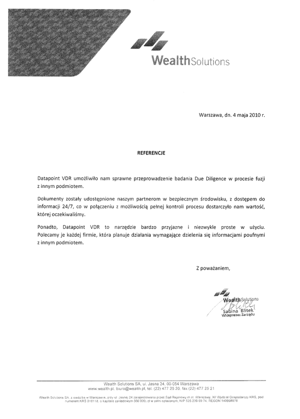 Referencja od firmy Wealth Solutions S.A
