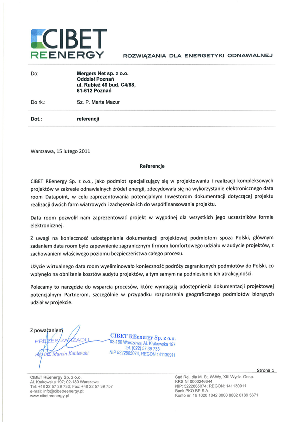 Referencja od firmy CIBET REenergy Sp. z o.o.