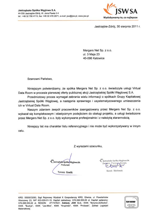Referencja od firmy Jastrzębskiej Spółki Węglowej S.A.