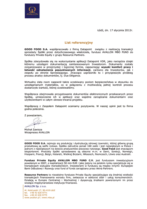 Referencja od firmy Fundusz Private Equity AVALLON MBO FUND C.V
