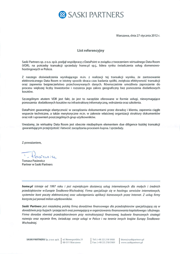 Referencja od firmy Saski Partners Sp. z o.o.