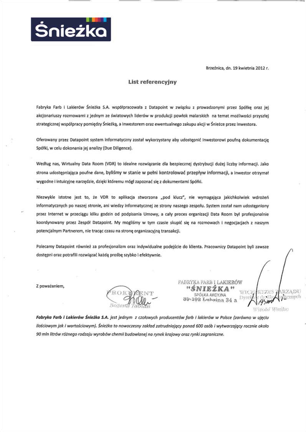 Referencja od firmy Śnieżka S.A.