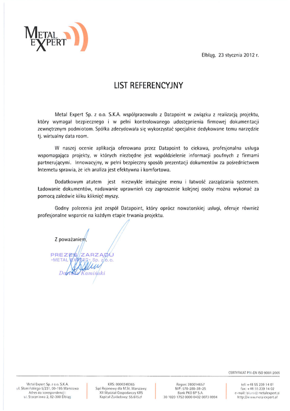 Referencja od firmy Metal Expert sp. z o.o.