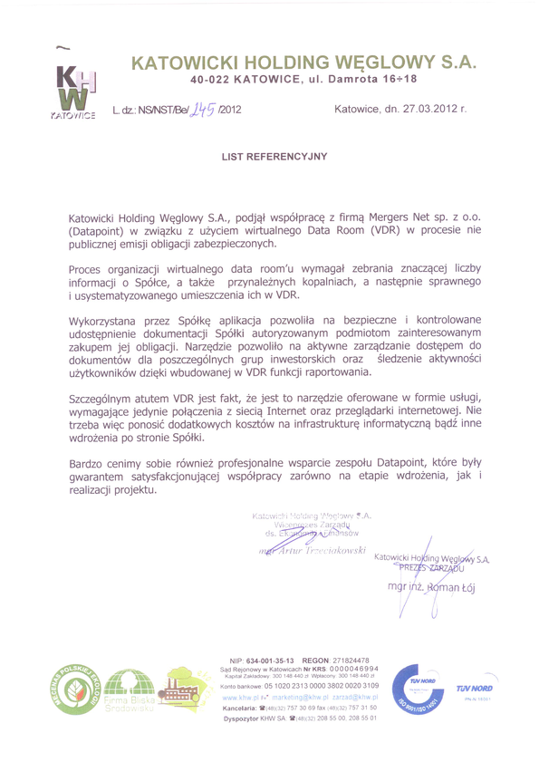 Referencja od firmy Katowicki Holding Węglowy S.A.