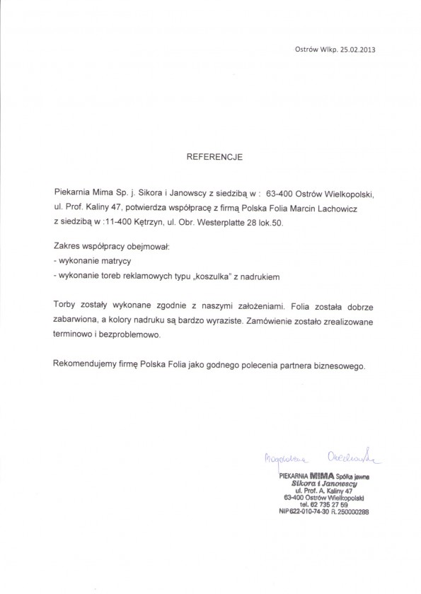 Referencja od firmy Piekarnia MIMA