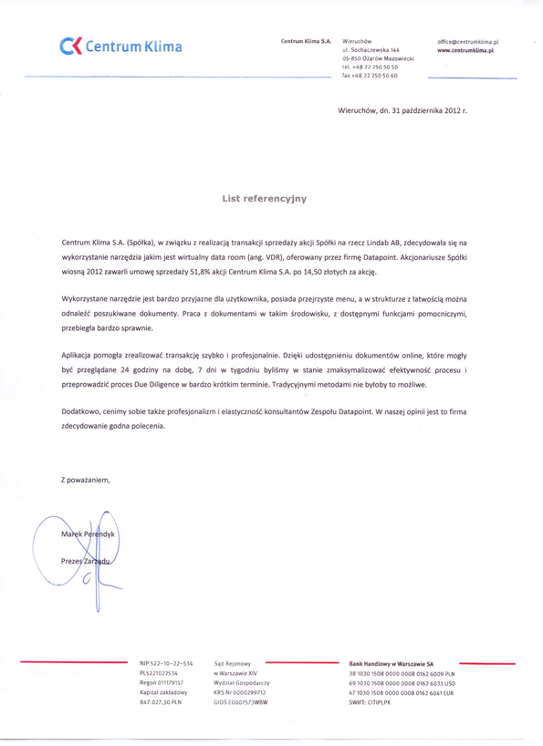Referencja od firmy Centrum Klima S.A.