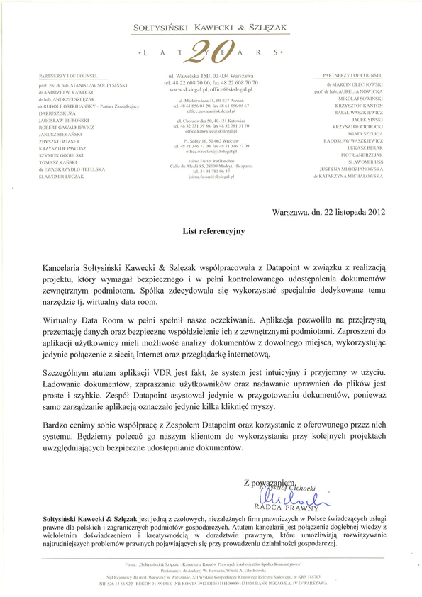 Referencja od firmy Sołtysiński, Kawecki & Szlęzak