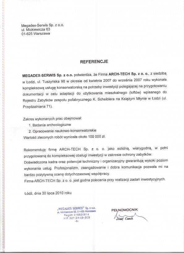 Referencja od firmy MEGADEX-SERWIS Sp. z o.o.