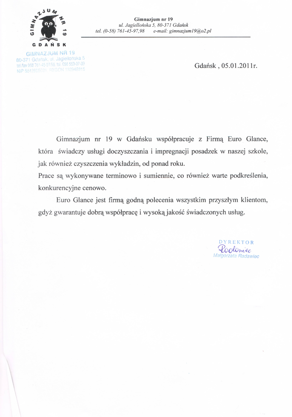 Referencja od firmy Gimnazjum 19
