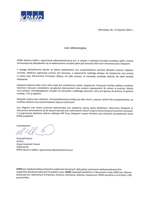 Referencja od firmy KPMG Advisory