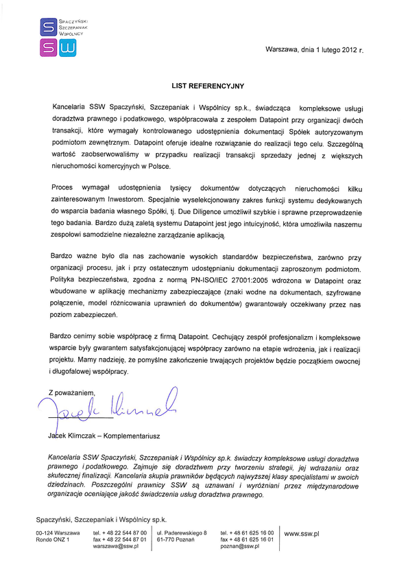 Referencja od firmy Spaczyński, Szczepaniak i Wspólnicy