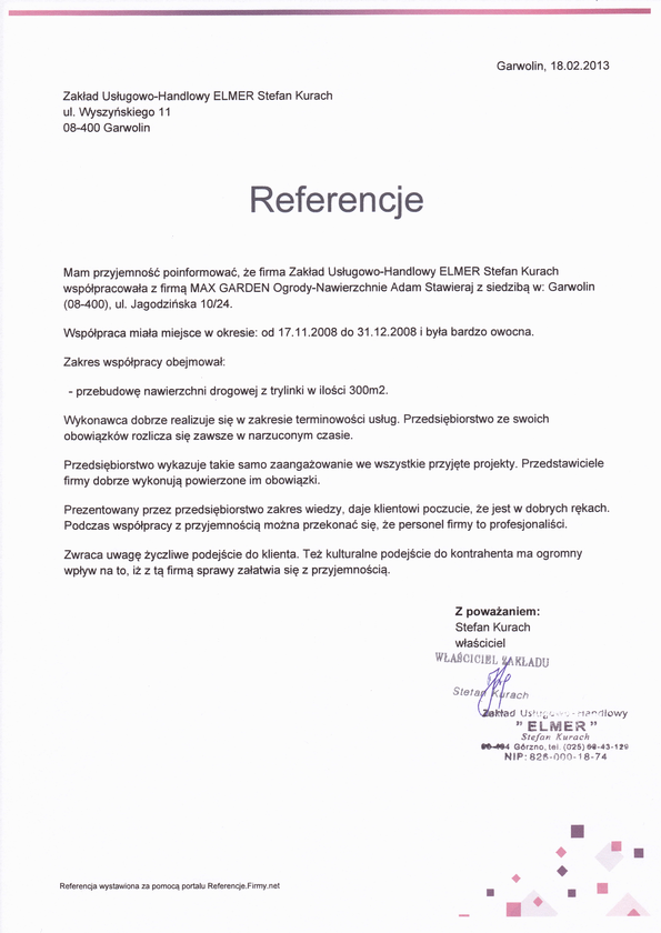 Referencja od firmy Zakład Usługowo-Handlowy ELMER Stefan Kurach