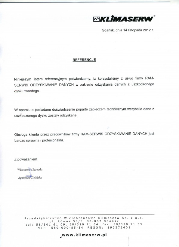 Referencja od firmy Przedsiębiorstwo Wielobranżowe Klimaserw Sp z o.o.