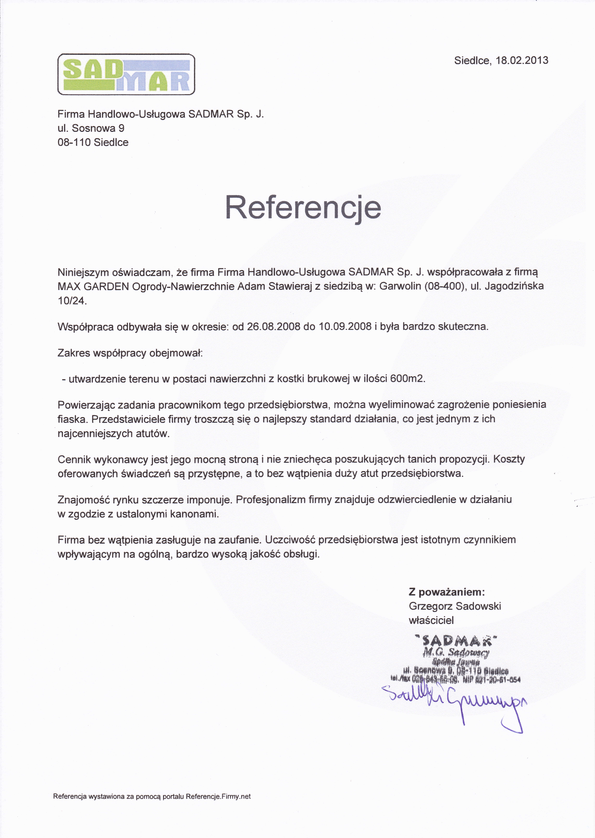 Referencja od firmy Firma Handlowo-Usługowa SADMAR Sp. J.