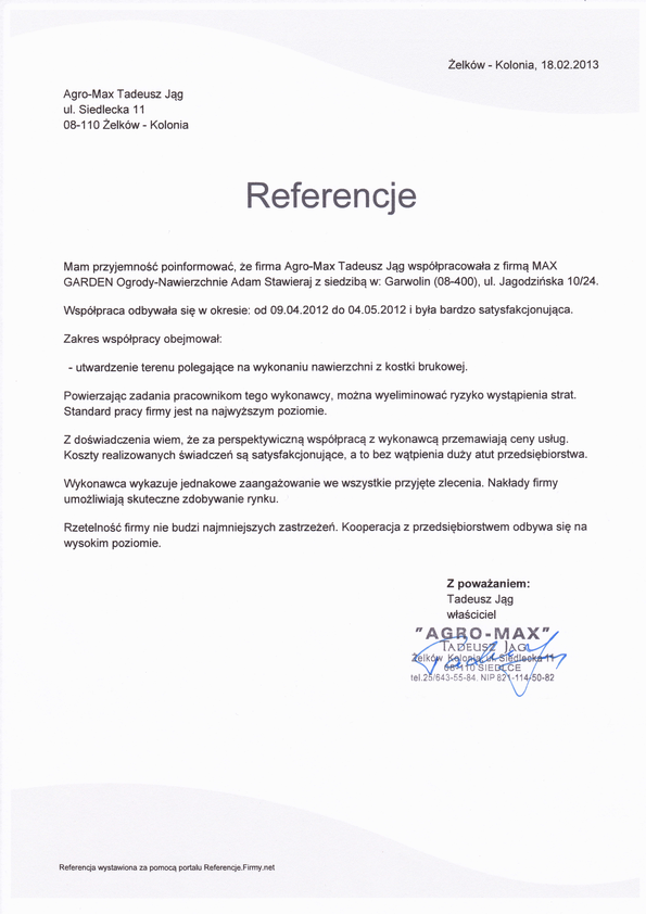 Referencja od firmy Agro-Max Tadeusz Jąg