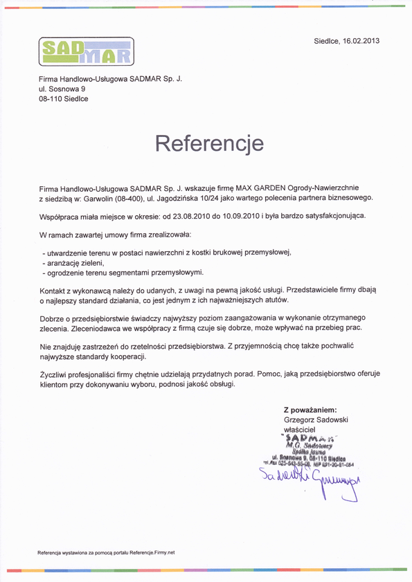 Referencja od firmy Firma Handlowo-Usługowa SADMAR Sp. J.