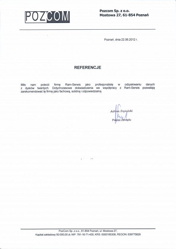 Referencja od firmy Pozcom sp z o.o.