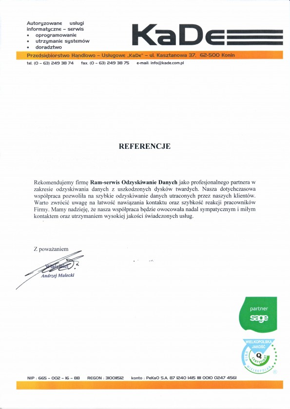 Referencja od firmy P.H.U KADE