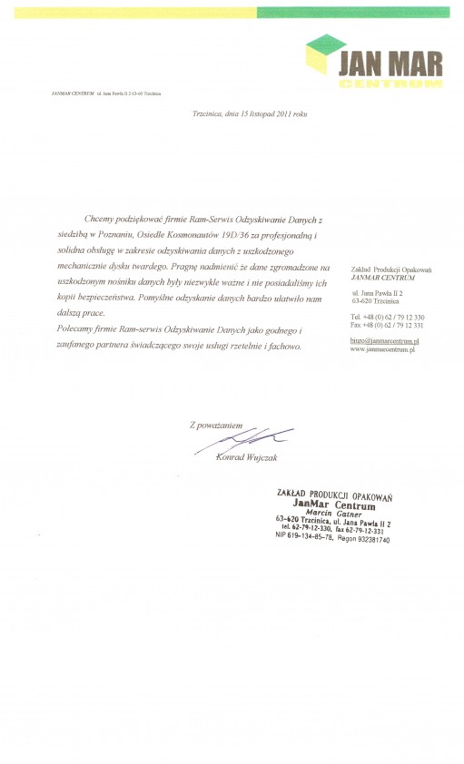 Referencja od firmy janmar