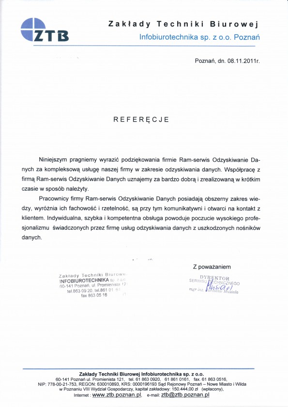 Referencja od firmy Infobiurotechnika sp z o.o.