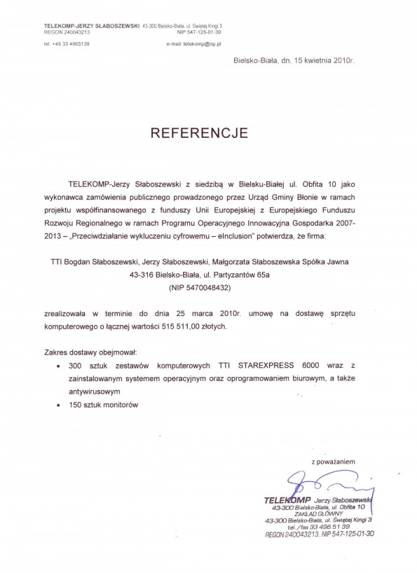 Referencja od firmy TELEKOMP