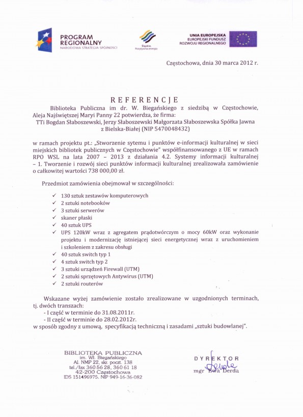 Referencja od firmy Biblioteka Publiczna im dr. W.Biegańskiego