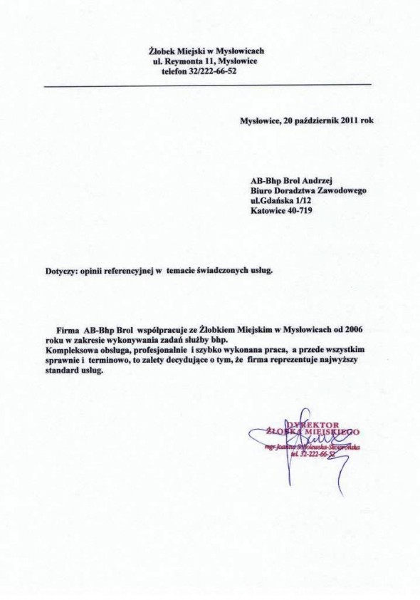 Referencja od firmy Żłobek Miejski w Mysłowicach