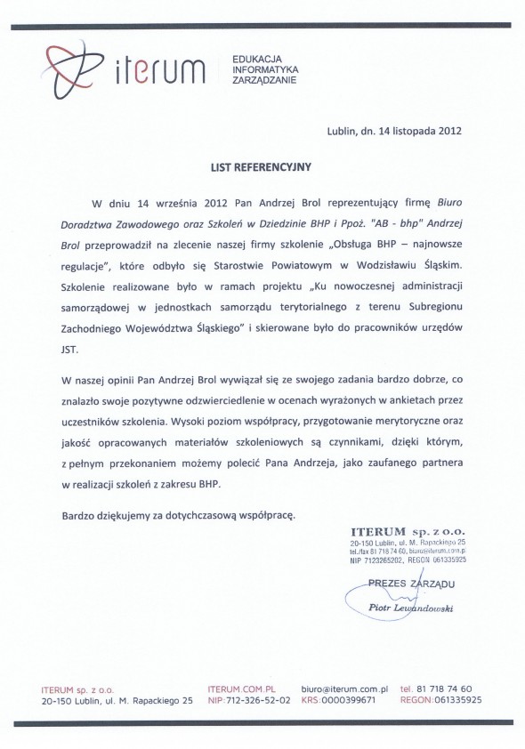 Referencja od firmy "ITERUM" - fundusze Unijne