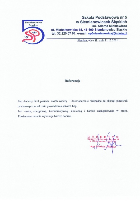 Referencja od firmy Szkoła Podstawowa nr 5