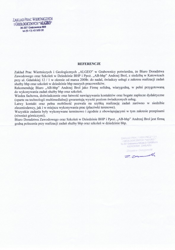Referencja od firmy ZPWiG "ALGEO"